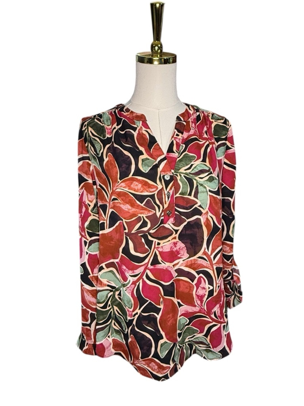 Zac & Rachel Sangria Henna Green Floral Blouse Top Size S Pink Green Brown Cream